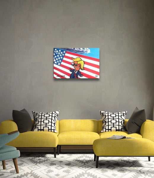 Painting of a Donald Trump Voodoo Doll entitled ‘I VOTED TODAY’. Original acrylic painting on a 20x30” stretched canvas.  Painting shown hanging on a wall.